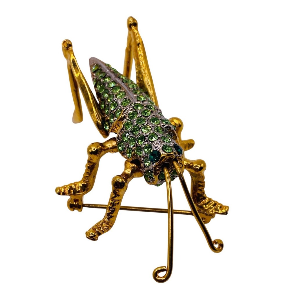 Designer Goldtone Green Rhinestone Grasshopper Insect Figural Bug Brooch Pin VTG